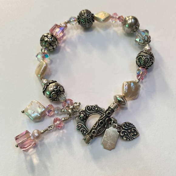 Tres Jolie Pale Pink Crystal Pearl Sterling Silver Bali Beads Toggle Bracelet - Picture 3 of 12
